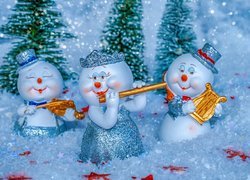 Figurki, Trzy, Bałwanki, Instrumenty, Choinki, Śnieg, Gwiazdki, Świąteczne