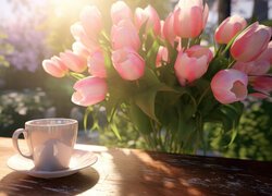 Filiżanka na parapecie i różowe tulipany