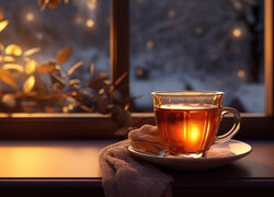 Filiżanka z herbatą na parapecie okna