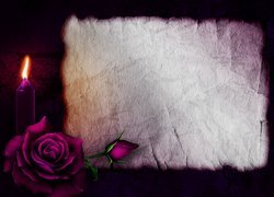Fioletowa róża i świeca obok kartki