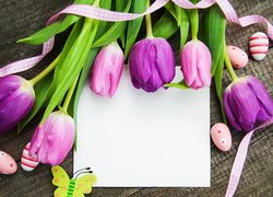 Tulipany, Kartka, Pisanki, Wstążka, Wielkanoc