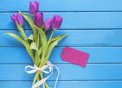 Fioletowe tulipany z bilecikiem na niebieskich deskach