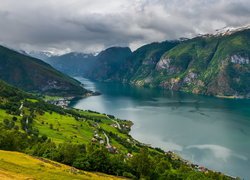 Fiord, Aurlandsfjord, Zalesione, Góry, Hrabstwo Vestland, Norwegia