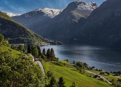 Norwegia, Góry, Gmina Aurland, Fiord, Aurlandsfjord, Domy, Drogi