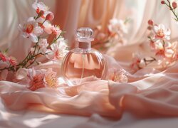 Perfumy, Flakon, Kwiaty, Gałęzie, Tkanina, Kompozycja, Grafika