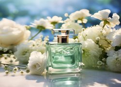 Perfumy, Flakon, Białe, Kwiaty, Kompozycja
