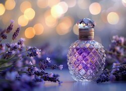 Kompozycja, Flakon, Perfumy, Lawenda, Kwiaty, Grafika