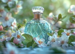 Flakon, Perfumy, Białe, Kwiaty, Liście, Kompozycja
