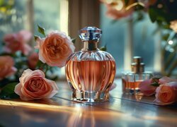 Perfumy, Flakon, Kwiaty, Kompozycja