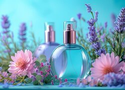 Perfumy, Flakon, Lawenda, Różowe, Kwiaty, Grafika, Kompozycja