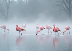 Flamingi, Ptaki, Mgła, Grafika