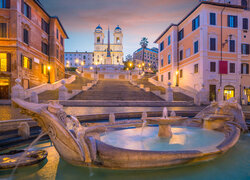 Rzym, Piazza di Spagna, Schody Hiszpańskie, Domy, Fontanna, Włochy