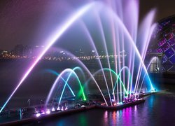 Korea Południowa, Seul, Rzeka Han-gang, Fontanna, Pływająca scena Yeouido Floating Stage, Oświetlenie, Kolory
