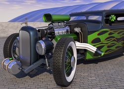 Ford Rat Rod z zielonymi płomieniami na masce