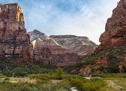 Park Narodowy Zion, Kanion, Formacja skalna Angels Landing, Skały, Stan Utah, Stany Zjednoczone, Góry, Drzewa, Trawa, Niebo