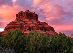 Stany Zjednoczone, Arizona, Sedona, Skały, Bell Rock, Chmury, Drzewa