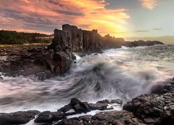 Zachód słońca, Morze, Formacja skalna, Bombo Headland Quarry, Skały, Drzewa, Bombo, Kiama, Australia