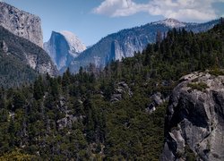 Góry, Sierra Nevada, Szczyt, Half Dome, Skały, Drzewa, Park Narodowy Yosemite, Kalifornia, Stany Zjednoczone