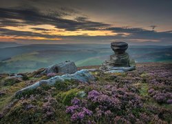 Wrzosowisko, Wzgórze, Skały, Kamienie, Park Narodowy Peak District, Formacja skalna, Salt Cellar, Hrabstwo Derbyshire, Anglia