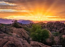 Zachód słońca, Góry, Granitowe, Skały, Granite Dells, Prescott, Arizona, Stany Zjednoczone