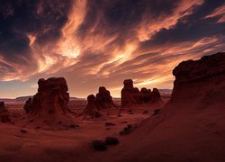 Stany Zjednoczone, Utah, Pustynia San Rafael, Skały, Dolina Goblinów, Goblin Valley State Park, Chmury, Zachód słońca