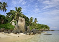 Seszele, Plaża Anse Source D Argent, Wyspa La Digue, Morze, Skały, Głazy, Palmy, Roślinność, Chmury