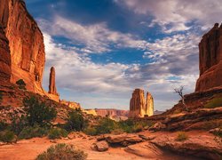 Góry, Skały, Formacja Courthouse Towers, Krzewy, Park Narodowy Arches, Utah, Stany Zjednoczone