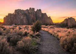 Stany Zjednoczone, Stan Oregon, Park stanowy Smith Rock, Góry, Skały, Drzewa. Zachód słońca, Krzewy, Droga