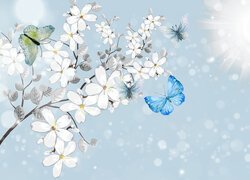 Gałązka z białymi kwiatkami i motyle