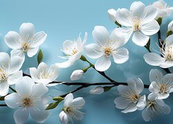 Gałązka z białymi kwiatkami na błękitnym tle