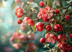 Gałązki drzewa owocowego z czerwonymi kwiatami