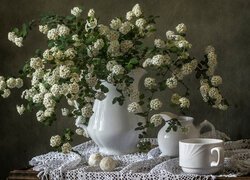 Kwiaty, Białe, Tawuła, Gałązki, Dzbanek, Filiżanka, Serweta