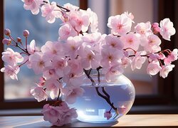 Gałązki z kwiatami drzewa owocowego w szklanym wazonie
