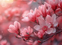 Gałązki, Różowe, Rozkwitające, Kwiaty, Magnolia