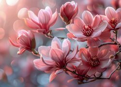 Magnolia, Gałązki, Rozwinięte, Różowe, Kwiaty