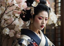 Kobieta, Gejsza, Kimono, Magnolia