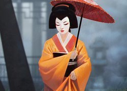 Gejsza, Kobieta, Żółte, Kimono, Czerwony, Parasol, 2D