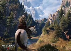 Geralt z Rivii na koniu w scenie z gry Wiedźmin 3: Dziki Gon
