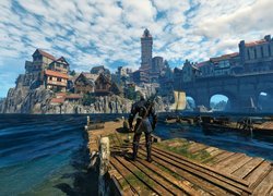 Gra, The Witcher 3 Wild Hunt, Wiedźmin 3 Dziki Gon, Geralt, Pomost, Domy, Miasto