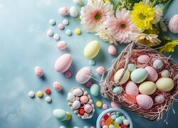 Wielkanoc, Kolorowe, Pisanki, Cukierki, Miseczki, Koszyk, Kwiaty, Gerbery