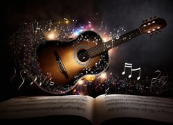 Gitara, Nuty, Światło, Muzyka, Grafika
