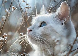 Głowa białego kota wśród suchych roślin