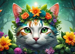 Głowa kota z wiankiem wśród kwiatów