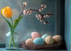 Wielkanoc, Pisanki, Gniazdko, Tulipan, Gałazka, Słoik