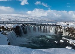 Wodospad, Godafoss, Zima, Śnieg, Islandia