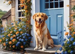 Pies, Golden retriever, Kwiaty, Drzwi, Niebieski, Dom