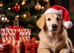 Golden retriever w czapce Mikołaja obok prezentów