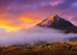 Góra, Gothic Mountain, Mgła, Las, Drzewa, Jesień, Chmury, Zachód słońca, Crested Butte, Kolorado, Stany Zjednoczone