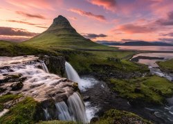 Islandia, Góra Kirkjufell, Wodospad Kirkjufellsfoss, Rzeka, Niebo, Chmury, Zachód słońca