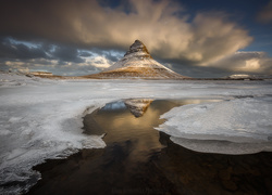 Zima, Islandia, Morze, Góra Kirkjufell